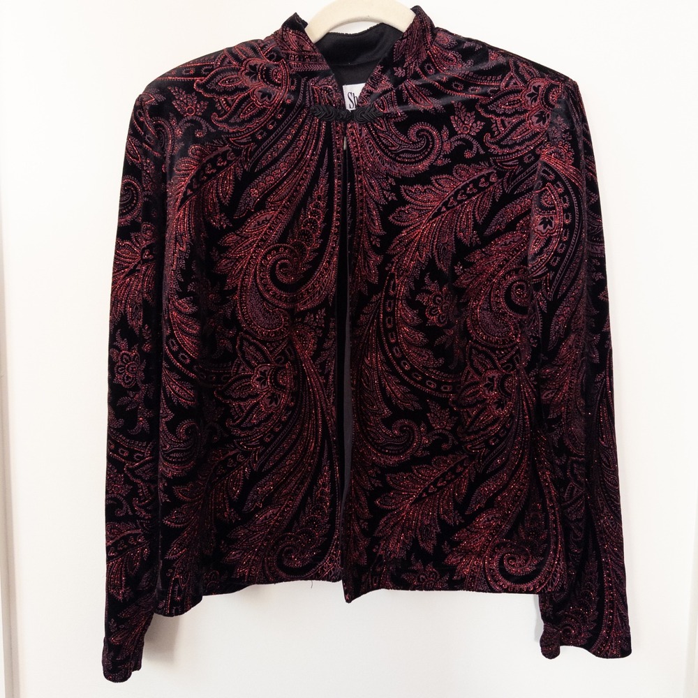 Whimsigoth Black Red‎ Velvet Jacket Womens 14 Gothic Holiday Sparkle Witchy Dark